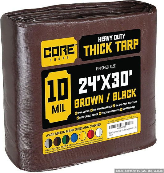 Core Tarps Heavy Duty 10 Mil Tarp Cover, Waterproof, UV Resistant, Rip and Tear Proof, Poly Tarpaulin with Reinforced Edges for Roof, Camping, Patio, Pool, Boat (Brown/Black 24′ X 30′)