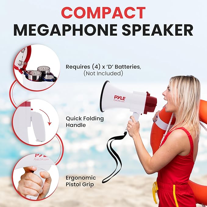 Pyle Lightweight 30-Watt Megaphone Bullhorn Speaker - Adjustable Volume, Built-in Siren for 800-Yard Range Suitable for Indoor/Outdoor Sports, Cheerleading, and Events (PMP30)