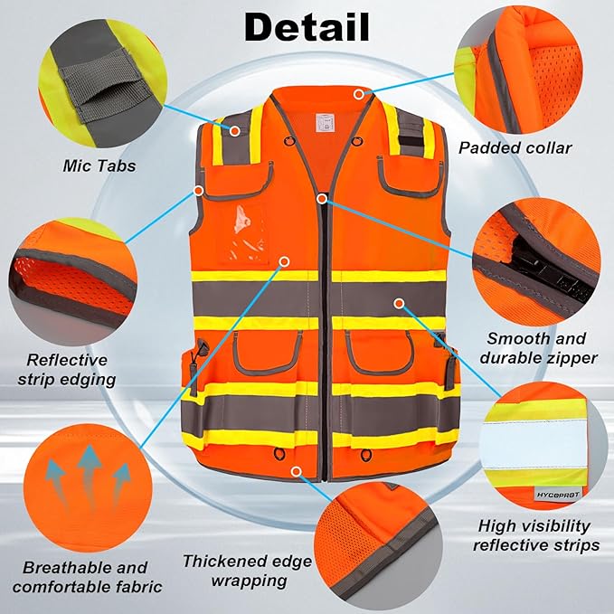 HYCOPROT Reflective Safety Vest Class 2 High Visibility Heavy Duty Construction Vest with Padded Neck,Meet ANSI/ISEA Standard