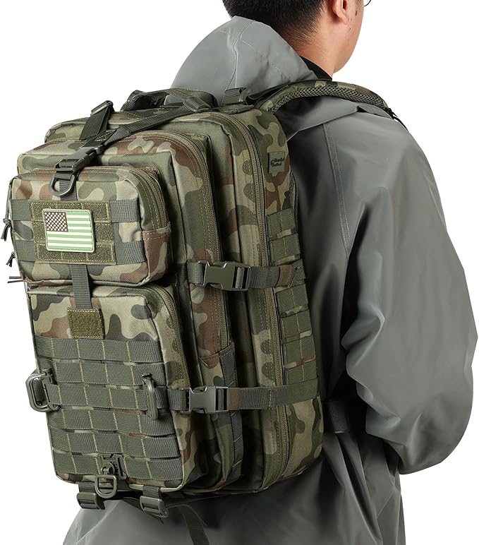 MOLLE Assault Backpack, Tactical Backpack Military Army Camping Rucksack, 3-Day Pack Trip w/USA Flag Patch, D-Rings, Polish Camo