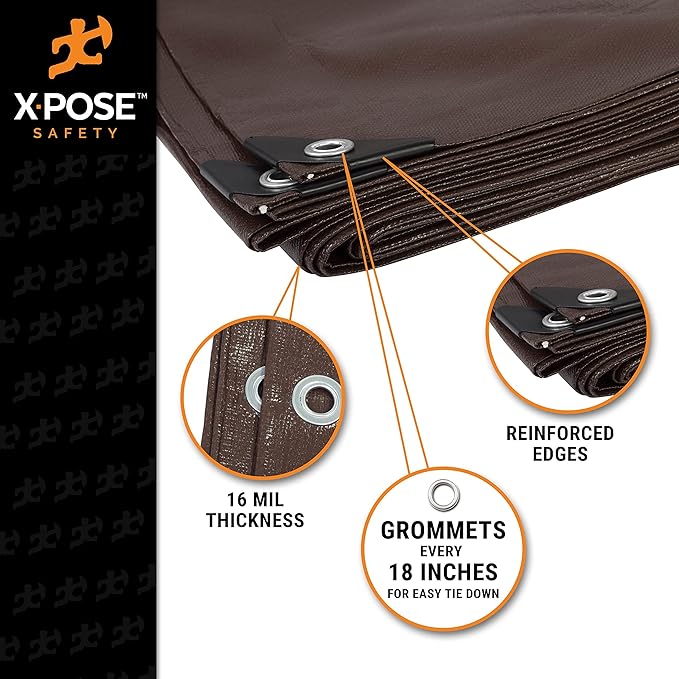 15' x 15' Super Heavy Duty 16 Mil Brown Poly Tarp Cover - Thick Waterproof, UV Resistant, Rip and Tear Proof Tarpaulin with Grommets and Reinforced Edges - by Xpose Safety