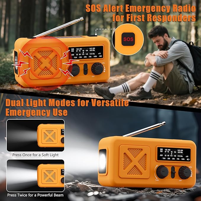 Emergency Radio Hand Crank Solar, 5000mAh/18500mWh Emergency Weather Radio, Solar Crank Radios with NOAA/AM/FM, Rechargeable Headlight, Thermal Blanket, Paracord Bracele, for Outdoor & Home