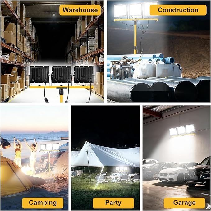 45000 Lumen LED Work Light with Stand, 3-Head Adjustable Lights with 16.5FT Extended Cord, IP65 Waterproof Work Lamp for Indoor & Outdoor Job Sites, Workshops, Construction, Garage Lighting