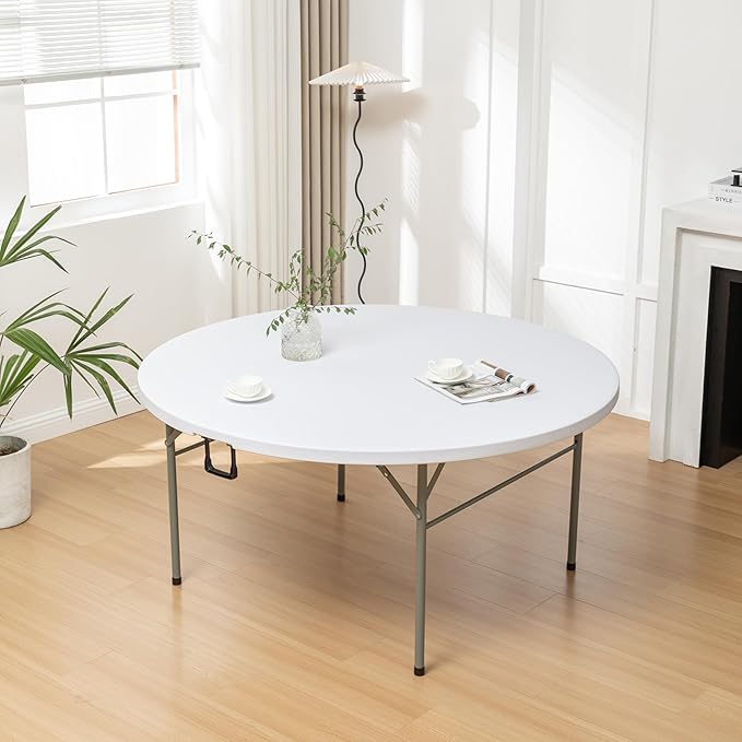 BTEXPERT White 5 Ft 60inch Round Plastic Folding Table Commercial Portable Indoor Outdoor Accessory for Patio Backyard Dining Wedding Party Events Home Kitchen
