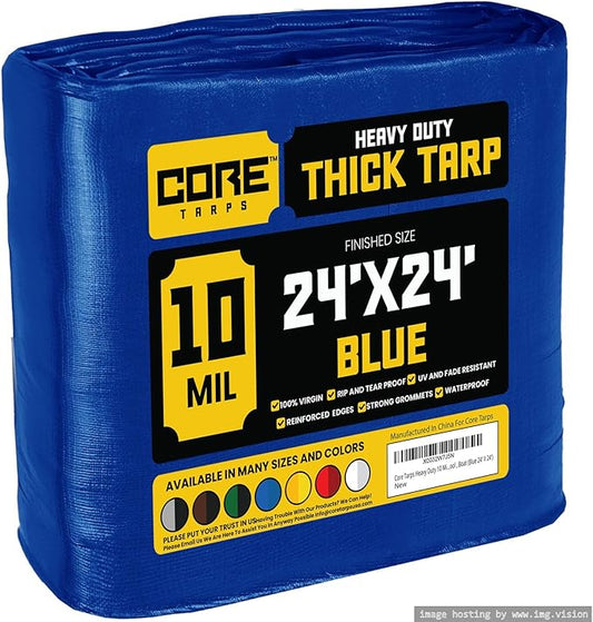 Core Tarps Heavy Duty 10 Mil Tarp Cover, Waterproof, UV Resistant, Rip and Tear Proof, Poly Tarpaulin with Reinforced Edges for Roof, Camping, Patio, Pool, Boat (Blue 24′ X 24′)
