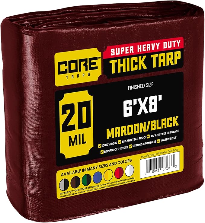 Core Tarps Extreme Heavy Duty 20 Mil Tarp Cover, Waterproof, UV Resistant, Rip and Tear Proof, Poly Tarpaulin with Reinforced Edges for Roof, Camping, Patio, Pool, Boat (Maroon/Black 6′ X 8′)