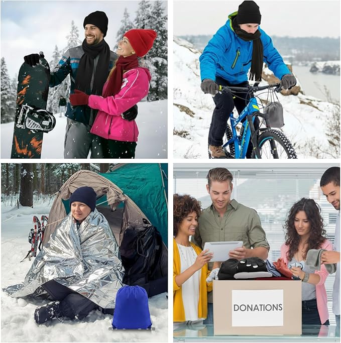 216 Pcs Homeless Care Package Supplies Bulk Winter Emergency Blankets Beanies Hat Gloves Scarves Socks Drawstring Bags for Men Women Cold Weather Camping Outdoor Survival Kit (5 Colors)