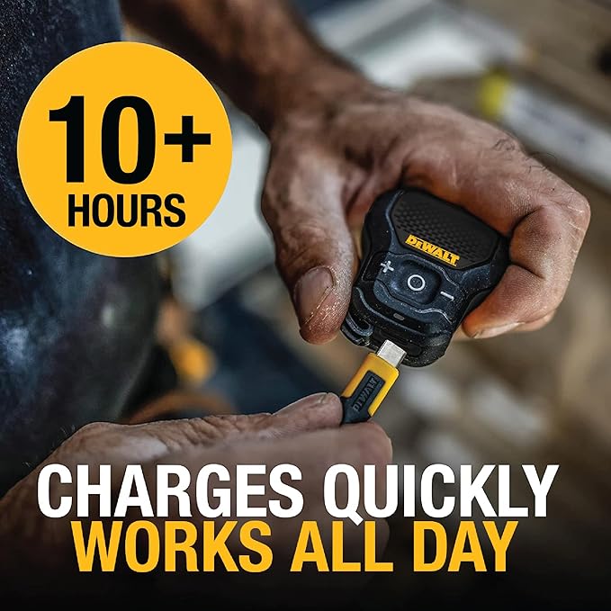 DEWALT Wearable Bluetooth Speaker [Onyx Edition - Black] Clip-On Wireless Jobsite Pro Water-Resistant Portable Speaker (Non- Magnetic), Mic for Hands-Free Music/Calls, Mini Speakers Bluetooth Wireless