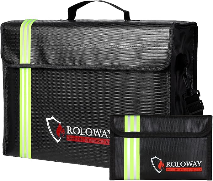 ROLOWAY Large (17 x 12 x 5.8 inches) Fireproof Bag with Reflective Strip, Water Resistant Fireproof Document Bag Safe for Money, Documents and Valuables Storage