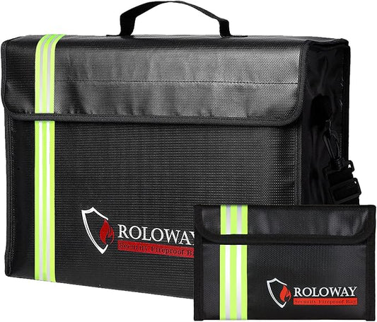 ROLOWAY Large (17 x 12 x 5.8 inches) Fireproof Bag with Reflective Strip, Water Resistant Fireproof Document Bag Safe for Money, Documents and Valuables Storage
