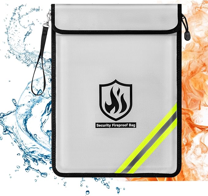 Fireproof Document Bag, 15 x 11 Inch Waterproof Documents Holder 2000℉ Safe for Important File Money Cash Legal Papers, Two Pockets Dual Zippered File Bag with Hand-held Strap & Reflective Strip