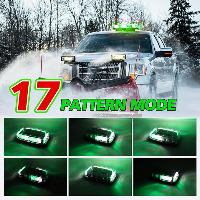 Rechargeable Strobe Light Wireless Battery, High Low Brightness, 17 Flashing Mode, 48pcs Led, Beacon Roof Top Hazard Flash Warning Lights for Vehicles Trucks Snow Plows Postal Mail UTV, White Green
