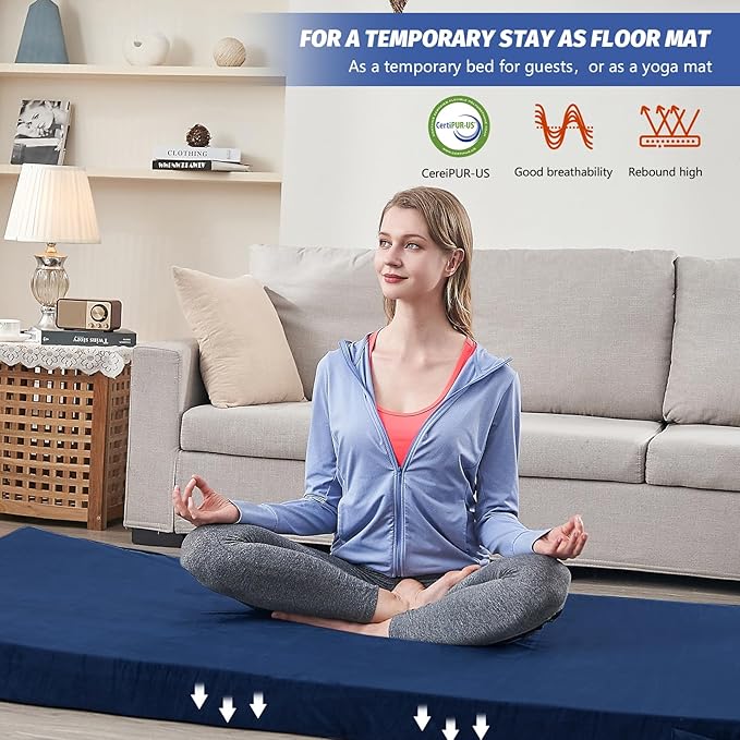 CYMULA Memory Foam Camping Mattress Pad, CertiPUR-US Sleeping Mat, Portable Roll Up Mattress for Adults, Camping Bed Pads for Sleepover, Car Bed with Travel Bag