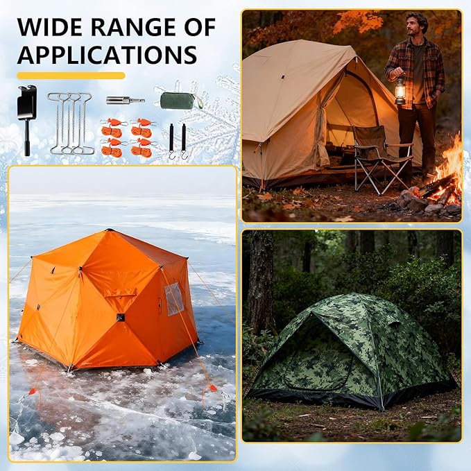 Heavy Duty Ice Anchor Drill Adapter Tool Kit, 15Pcs Stainless Steel Tent Stakes Set with 13FT Ratchet Ropes, Tent Hooks, Canvas Bag for Ice Fishing Shelter Setup(6Pcs Tent Stakes+4Pcs Rope Roller)