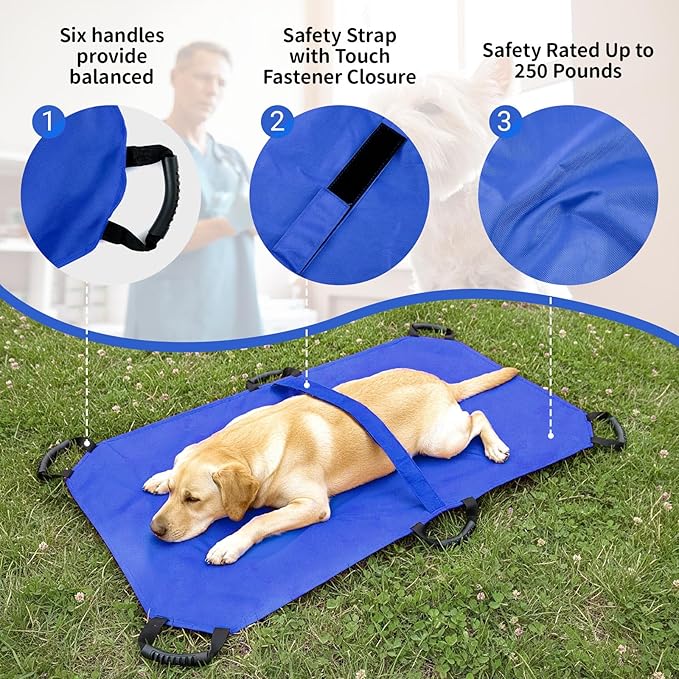 Geiserailie Blue Transport Stretcher for Large Dogs with 6 Handles 47" L x 29" W Animal Folding Emergency Transport Carrier with Safety Strap, Max 250lbs