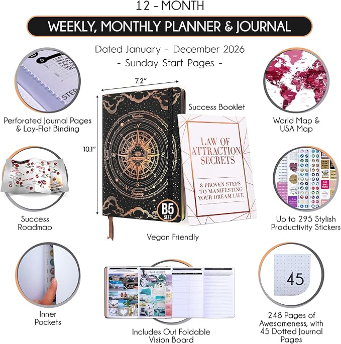 Deluxe 2026 Planner Weekly and Monthly | Law of Attraction Planner with Productivity App | 12-Month for Productivity, Gratitude & Goal Setting | Includes Foldable Vision Board, Gift Box & Stickers