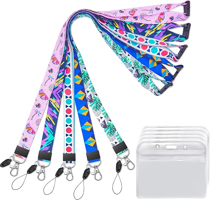 YOUOWO 5 Pack Lanyard with Horizontal ID Badge Holder,for Cruise Kids Keys Card Holder Pass Card,Breakaway Safety Neck Lanyards with Patterns
