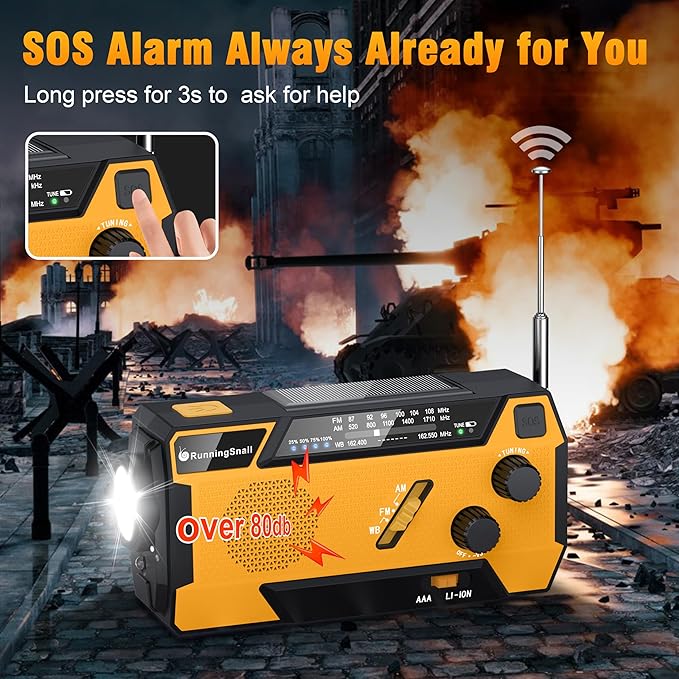 Emergency Crank Weather Radio: AM/FM/NOAA Weather Radio with 3 Built-in Cable - Hand Crank Radio with 2000mAh, Solar Charge, Hand Crank & Battery Operated, SOS Alarm, Flashlight for Outdoor Emergency