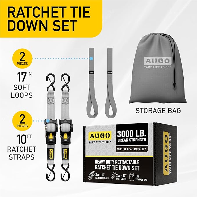 AUGO Retractable Ratchet Straps | 2 Heavy Duty Ratchet Straps Self Retractable Tie Downs with Soft Loops & Storage Bag for Motorcycle, Truck, Trailer, Cargo Van | 3000 Lb Break Strength 2” x 10’
