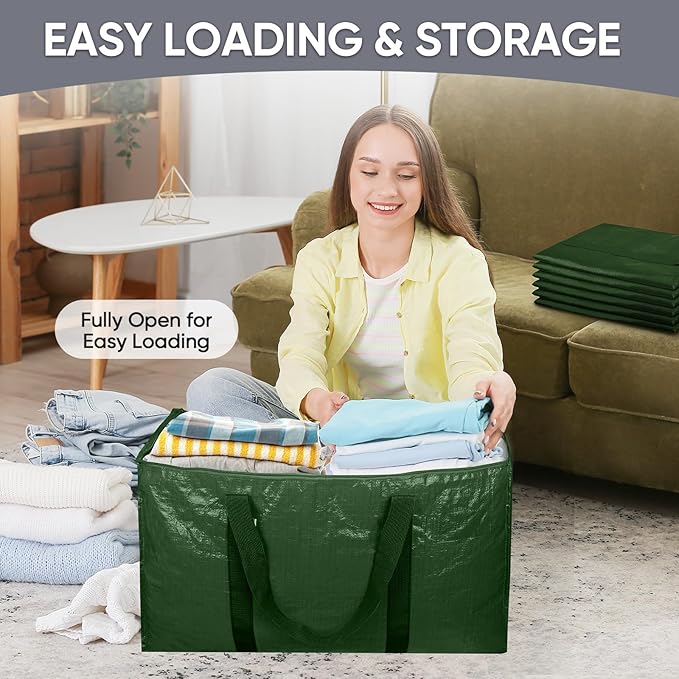 TICONN 8 Pack Extra Large Moving Bags with Zippers & Carrying Handles, Heavy-Duty Storage Tote Moving Boxes for Space Saving (8 Pack, Olive)