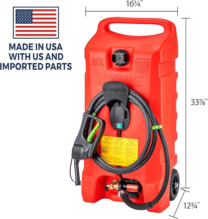 Scepter 14 Gallon Gas Caddy with Electric Fuel Pump, Flo ‘N Go Powered Portable Fuel Tank with Fill-Rite Transfer Pump and 10-Foot Hose for Farm, Marine, Commercial, and Home Use, Gasoline, Red
