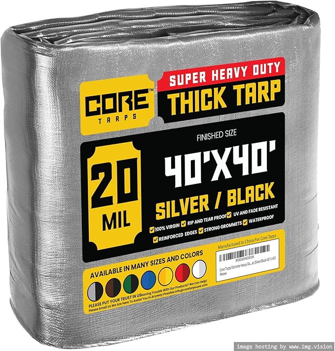Core Tarps Extreme Heavy Duty 20 Mil Tarp Cover, Waterproof, UV Resistant, Rip and Tear Proof, Poly Tarpaulin with Reinforced Edges for Roof, Camping, Patio, Pool, Boat (Silver/Black 40′ X 40′)