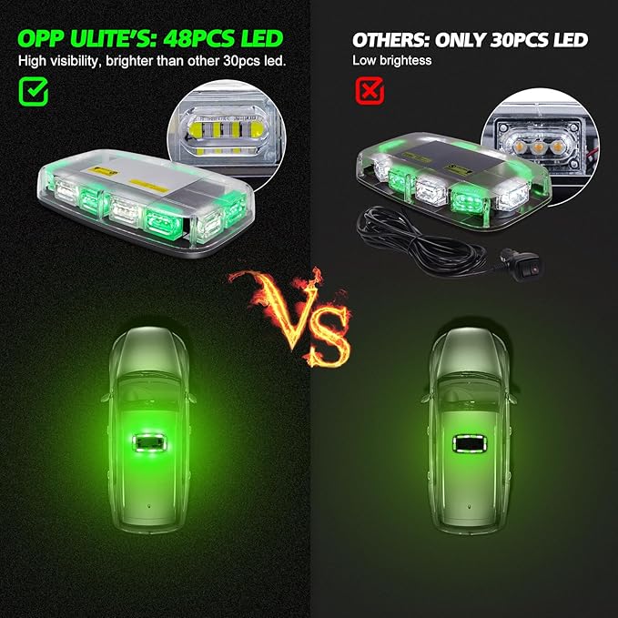 Rechargeable Strobe Light Wireless Battery, High Low Brightness, 17 Flashing Mode, 48pcs Led, Beacon Roof Top Hazard Flash Warning Lights for Vehicles Trucks Snow Plows Postal Mail UTV, White Green