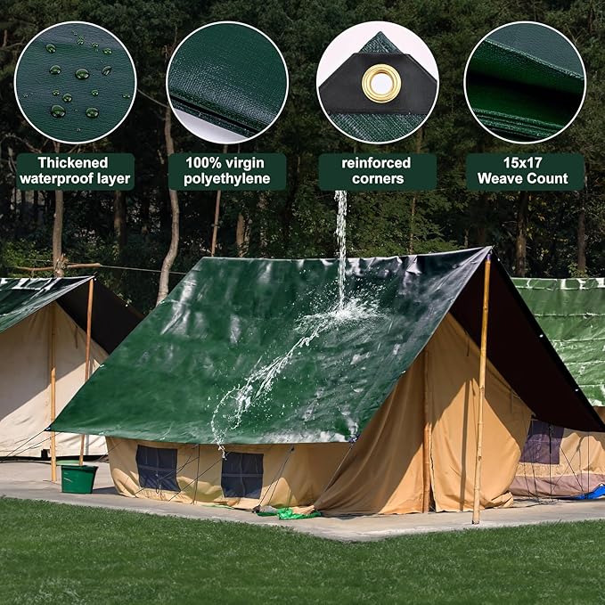 Tarp 12x16 Feet 16 Mil Heavy Duty Waterproof Tarp, Large Multipurpose Cover with Brass Grommets and Reinforced Edges, UV Resistant Thick Poly Tarps for Outdoor Camping Tent Pool Car, Green
