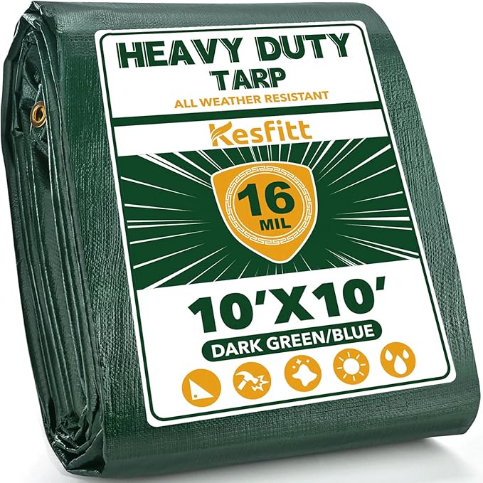 Kesfitt Tarp Heavy Duty Waterproof 10x10FT, 16 Mil Thick Tarps Tear&Fade Resistant, UV Resistant, Poly Tarp Cover with Grommets and Reinforced Edges for Outdoor Camping Pools Boat Car(Green/Blue)