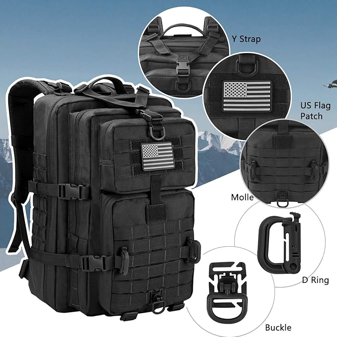 MOLLE Assault Backpack, Tactical Backpack Military Army Camping Rucksack, 3-Day Pack, D-Rings, Black with Gray Patch