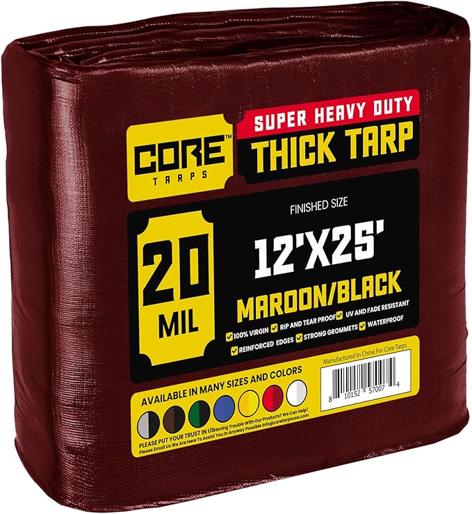 Core Tarps Extreme Heavy Duty 20 Mil Tarp Cover, Waterproof, UV Resistant, Rip and Tear Proof, Poly Tarpaulin with Reinforced Edges for Roof, Camping, Patio, Pool, Boat (Maroon/Black 12′ X 25′)