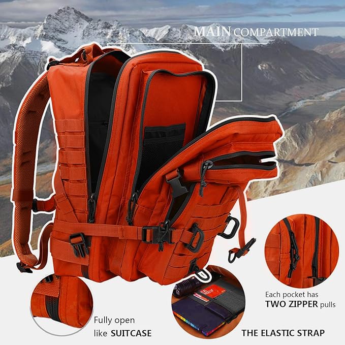 MOLLE Assault Backpack, Tactical Backpack Military Army Camping Rucksack, 3-Day Pack Trip w/USA Flag Patch, D-Rings, Orange
