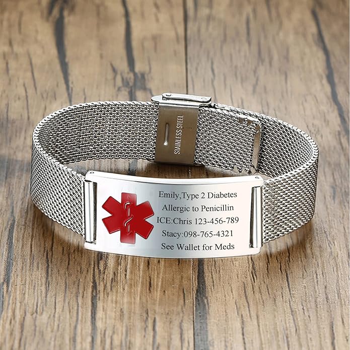 VNOX Medical Alert Bracelets for Men & Women Kids with Free Engraving Adjustable Stainless Steel Mesh Emergency Medical ID Bracelets Wristband