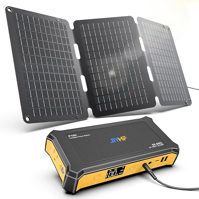 JIYHF Portable Power Station 99.9Wh with Foldable Solar Panel 30W, Laptop Charger & Backup Power with 65W USB-C PD, 100W AC Outlet, 12V DC Output, LED Light for Camping, Home Backup, Emergency, RV