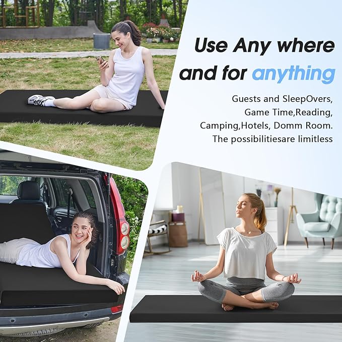 CYMULA Memory Foam Camping Mattress Pad,3inch Sleeping Pad for Camping,Non-Slip Bottom Floor Cot Car Mattress Bed with Retaining Portable Roll up Mattress Pad Mat for Travel Truck Guest Bed Tent