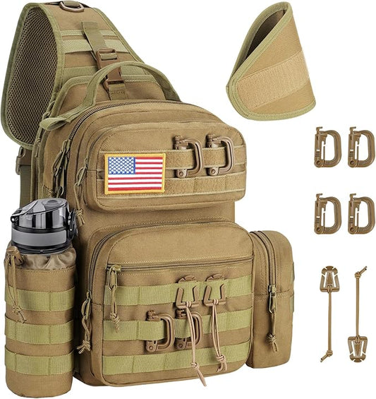 CVLIFE Tactical Sling Bag Backpack for Men Military Shoulder Sling Bag Molle Army Assault Detachable Tactical Bag with Bottle Holder Concealed Carry Daily Day Pack Work Bag for EDC Hiking, Khaki