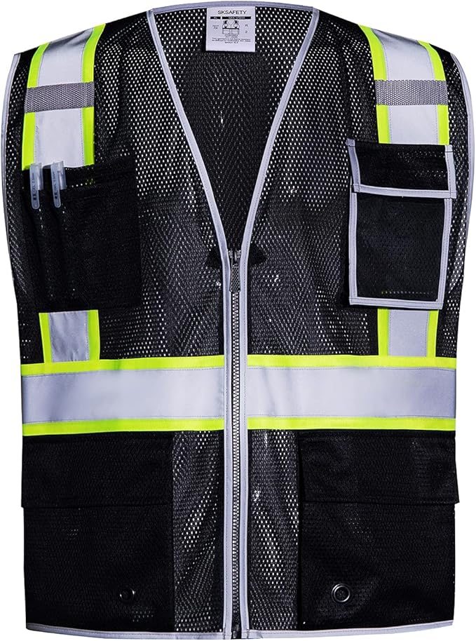 SKSAFETY 10 Pockets Safety Vest, Class 2 High Visibility Security with Zipper Double-sided mesh, Hi Vis Vest with Reflective Strips, ANSI/ISEA Standard, Construction Work Vest （Black, L）