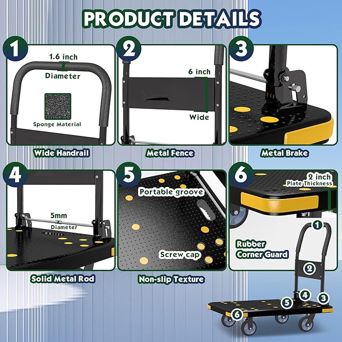 Medium-Duty Foldable Platform Cart with 4 Wheels & 1323LB Capacity - 2 Swivel & 2 Fixed Wheels, Compact Push Cart Dolly Black Plastic Trolley, 5-Inch Wheels, Spare Tire & Anti-Collision Corners