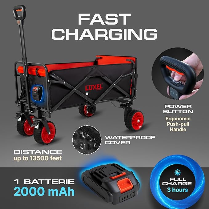 Electric Foldable Collapsible Wagon Cart 220lbs Capacity - Heavy Duty Wagons 200L with All Terrain Wheels & Tailgate - Beach Canvas Utility Carts - Portable for Outdoor Camping Shopping Sports Hiking