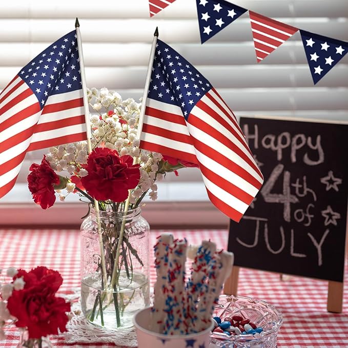 50 Pack 12x18 Inch American Flags on Stick - Patriotic American Flags for Outside, USA Stick Flag Perfect for Independence Day, Memorial Day, 4th of July Decorations (50)