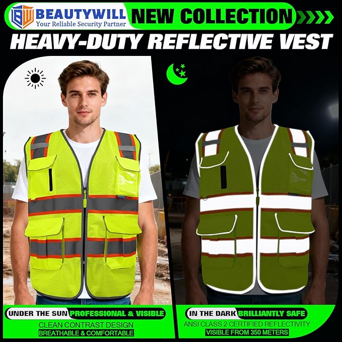 BeautyWill 10 Pack Custom Logo Safety Vest ANSI Class 2 High Visibility Reflective Vest Personalized Construction Vest Bulk