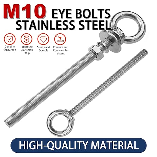 4 Pack M10 Stainless Steel Eye Bolts with Nuts, 3/8" x 6" Long Lifting Ring Eye Bolt， Eye Bolts Heavy Duty for Hang Tie Down Outdoor (4, M10x153mm (3/8"x6"))