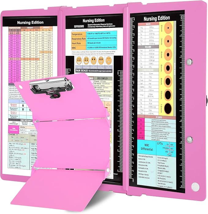 Nursing Foldable Medical Clipboard, Edition Cheat Sheets Lithium 3 Layers Foldable Clipboards Nursing Pocket Size Profile Clip Nurse Clipboards Notepad for Nurses Students and Doctors, Pink