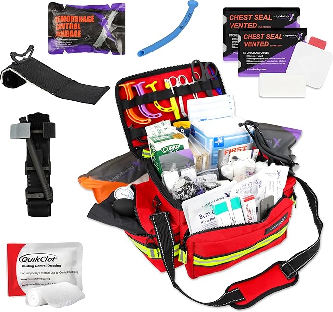 Lightning X Mid-Sized First Responder EMT Bag | LXMB25 | Fully Stocked w/ 248+ First Aid Supplies + Trauma Pak w/C.A.T. Tourniquet & QuikClot - RED