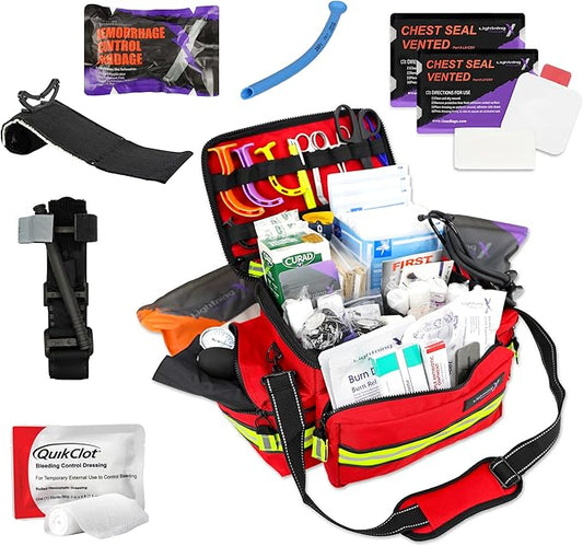 Lightning X Mid-Sized First Responder EMT Bag | LXMB25 | Fully Stocked w/ 248+ First Aid Supplies + Trauma Pak w/C.A.T. Tourniquet & QuikClot - RED