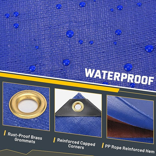 Kesfitt Tarp Heavy Duty Waterproof 16x20FT,16 Mil Thick Tarps Tear&Fade Resistant,UV Resistant,Poly Tarp Cover with Grommets and Reinforced Edges for Outdoor Camping Pools Boat Car(Blue/Brown)