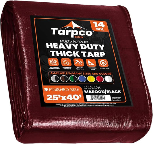 Tarpco Safety Extra Heavy Duty 14 Mil Tarp Cover, Waterproof, UV Resistant, Rip and Tear Proof, Poly Tarpaulin with Reinforced Edges for Roof, Camping, Patio, Pool, Boat (Maroon/Black 25′ X 40′)