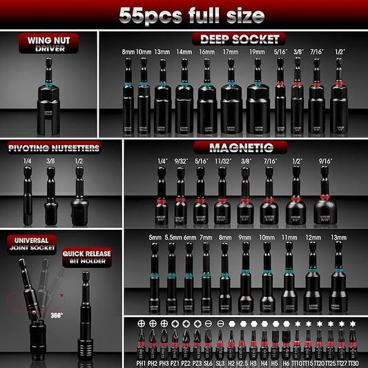 LLNDEI Magnetic Impact Nut Driver Set, 55PCS 1/4 socket set with Deep Driver Bit Sets Includes Bit Extension, Pivoting & Wing Nut Setters Compatible with Impact Drills & Deep Drivers