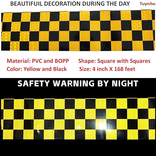 Reflective Tape Yellow Black 4 inch X 168 feet, Outdoor Waterproof Hazard Conspicuity Warning Industrial Marking Tape
