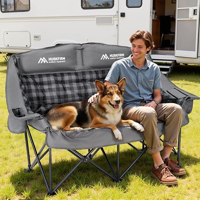 Padded Double Camping Chairs High Back Double Camp Chair Oversized Loveseat Camping Chair Support 800LBS Heavy Duty Camping Couch with Cup Holders, Cooler, Carry Bag, Grey